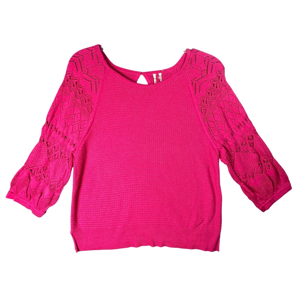 Anthropologie Boho Open Knit Crochet Sleeve Knit Sweater XS Pink Romantic